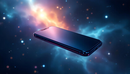 Wall Mural - Phone Floating in a Cosmic Nebula Background