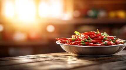 Aufkleber - A bowl filled with bright red chili peppers sits on a weathered wooden counter, illuminated by warm natural light casting soft shadows against the wall