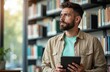 © Vadym - Pensive latin man holds digital tablet in library looks away. Middle aged student studies, plans business strategy. Education concept. Hispanic guy learning online, e-learning in cyberspace. Wireless