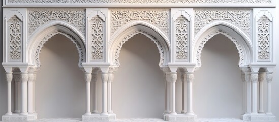 Leinwandbilder - Elegant white Islamic arch design backdrop with intricate patterns, featuring three distinct arches positioned in a horizontal line on a subtle gray wall.