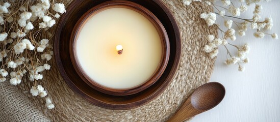 Poster - Soy candle in a brown ceramic bowl surrounded by dried flowers and a wooden spoon on a natural woven mat against a light background