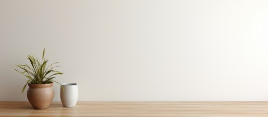 Poster - Minimalist living room with a blurred background featuring a wooden table, a green potted plant on the left, and an empty space for copy on the right.