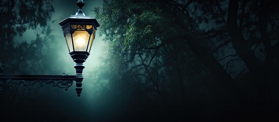Leinwandbilder - Glowing vintage street lamp casting warm light against a dark, moody forest background with deep greens and shadows enhancing the ambiance.