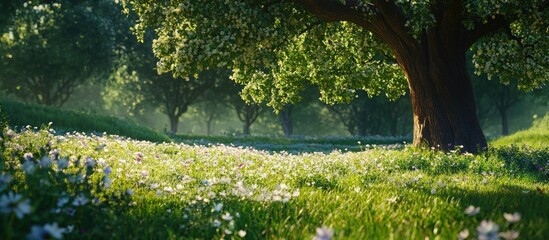 Leinwandbilder - Vibrant spring meadow featuring a large lush green tree in the foreground with blooming wildflowers and soft sunlight filtering through foliage.