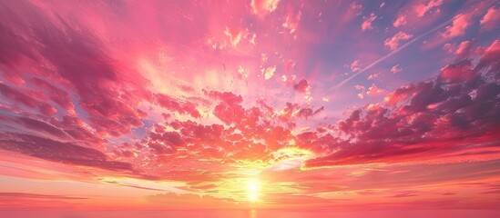Poster - Vivid sunset with pink and purple hues filling the sky, featuring a bright sun at the horizon, perfect for a tranquil background scene.