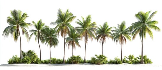 Aufkleber - Lush green palm trees arranged in a row against a white background with varying heights and textures, ideal for professional design projects.