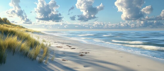 Poster - Serene beach landscape with gentle waves lapping at the shore, golden grass in foreground, dramatic clouds in bright blue sky.