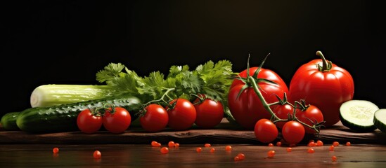 Poster - Fresh red tomatoes and vibrant green cucumbers arranged on a wooden surface with herbs, dramatic lighting highlighting their colors.