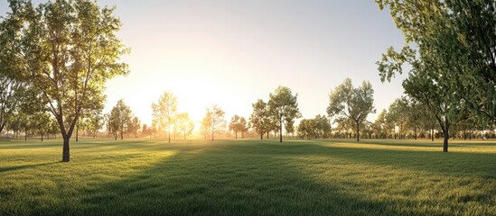 Poster - Sunset landscape with golden light streaming through green trees in a lush park, vibrant grass in the foreground and serene atmosphere captured.