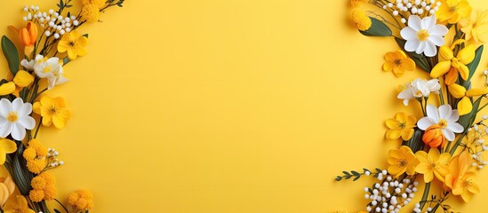 Aufkleber - Vibrant circular arrangement of spring flowers in yellow and white against a bright yellow background showcasing creative layout with ample empty space