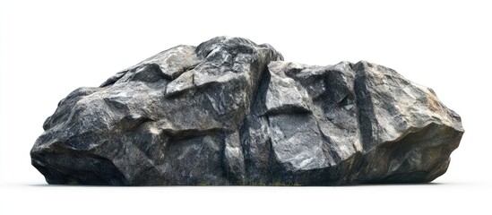 Aufkleber - Large textured dark gray rocky stone with sharp edges positioned horizontally on a clean white background creating a stark contrast.