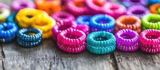 Leinwandbilder - Colorful assortment of round beads in vibrant hues of pink, blue, purple, and orange scattered on a rustic wooden surface ideal for creative crafts