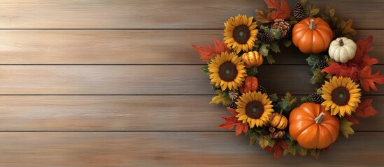 Poster - Autumn wreath adorned with vibrant sunflowers and pumpkins in orange and yellow hues on a rustic wooden door background, capturing a festive feel