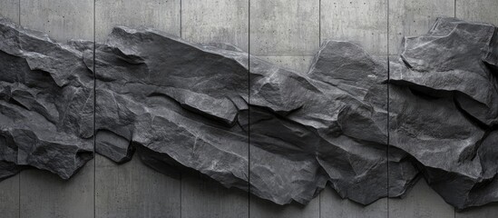 Poster - Dark textured rock formation with prominent layered details, set against a smooth gray background. Ideal for artistic or architectural themes.