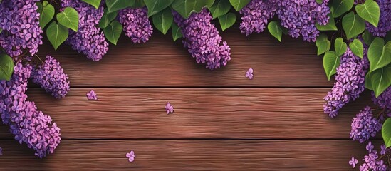 Poster - Vibrant lilac flowers in various shades of purple arranged along a rustic wooden background with green leaves framing the top edges.