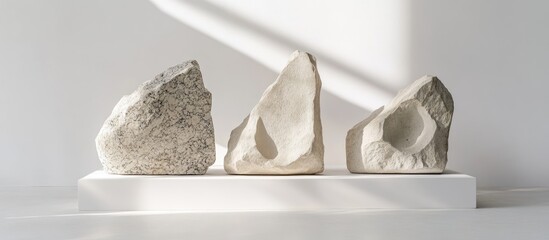 Poster - Three abstract stone sculptures in varying shapes positioned on a white pedestal against a bright white backdrop highlighting intricate textures and shadows.