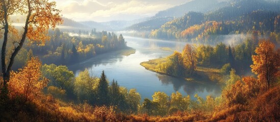 Aufkleber - Serene autumn landscape featuring a winding river surrounded by vibrant trees and distant hills bathed in warm golden light.
