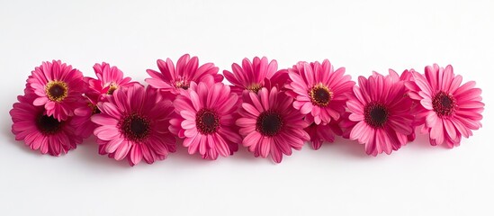 Fototapete - Floral flat lay with vibrant pink daisies arranged symmetrically on a white backdrop ideal for text placement creating a fresh spring vibe