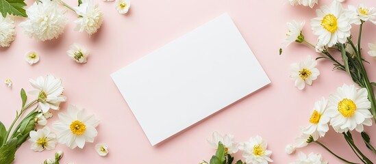 Aufkleber - Soft pink background with a central blank white card surrounded by delicate small white flowers and daisies creating a fresh spring floral frame.