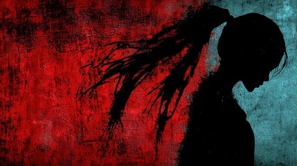 Aufkleber - Silhouette of a Woman with Long Hair Against a Red and Blue Grunge Background