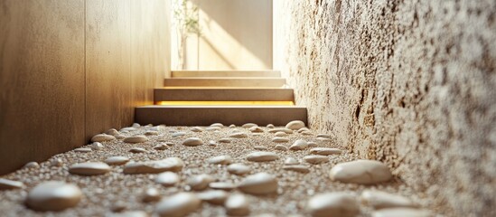 Poster - Serene staircase leading to light with smooth pebbles and warm wooden steps illuminated by sunlight against a textured stone wall.