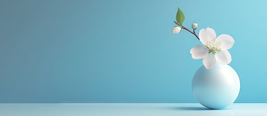 Fototapete - Delicate pink flower in a light blue vase on a serene blue background, positioned towards the right with soft shadows and clean composition.