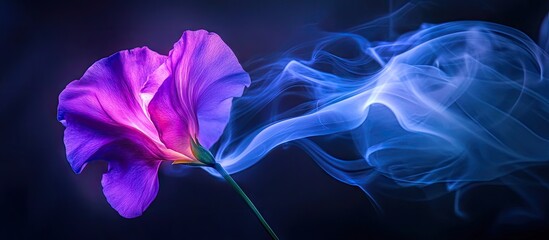 Leinwandbilder - Vibrant purple flower releasing ethereal blue smoke against a deep black background creating a captivating contrast of colors and textures