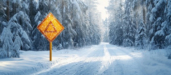 Aufkleber - Winter landscape featuring a snow-covered forest road with a caution sign in the foreground. Bright whites and warm orange elements contrast.