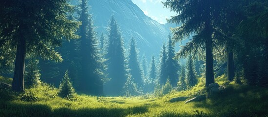 Poster - Sunlit forest scene with tall spruce trees in lush green grass illuminated by soft light with mountains in the background creating a serene atmosphere.