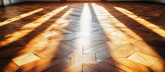 Poster - Sunlight casts warm golden rays over a geometric wooden floor, accentuating intricate textures and patterns in a spacious, inviting setting.