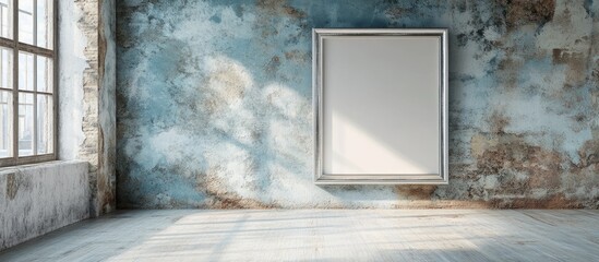 Fototapete - Grunge interior featuring a large empty silver picture frame centered on a distressed blue wall, with soft natural light casting shadows.