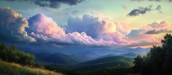 Poster - Dramatic clouds in soft pastel hues dominate the sky over tranquil green mountains creating a stunning contrast against the serene landscape.