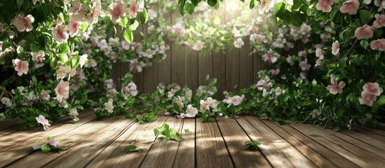Aufkleber - Spring background featuring a wooden table adorned with lush green foliage and pink blossoms, illuminated by soft sunlight in a tranquil setting.