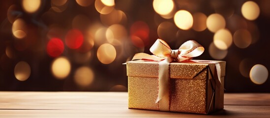 Poster - Elegant golden gift box with a cream satin ribbon on rustic wooden surface blurred with warm bokeh lights in the background for festive celebrations