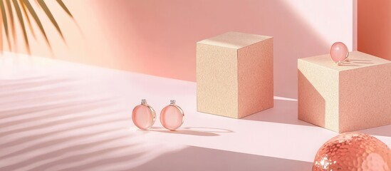 Aufkleber - Sustainable jewelry packaging displayed on soft pink backdrop featuring two rounded boxes and modern reflective elements with gentle light shadows.