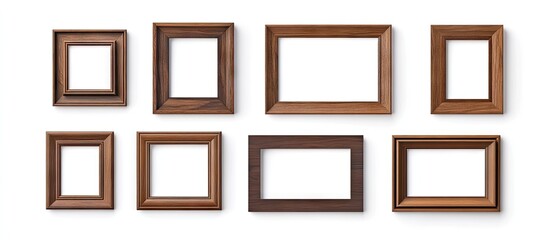 Aufkleber - Variety of rustic brown wooden photo frames arranged in two rows against a clean white background, featuring various sizes and shapes for versatile use.