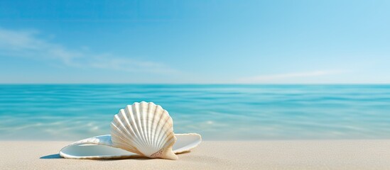 Aufkleber - White flip flop and seashell on sandy beach with clear blue ocean waves and cloudless sky creating a tranquil summer vacation atmosphere