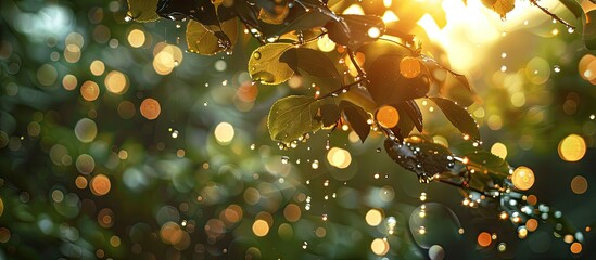 Poster - Macro view of water droplets on green leaves illuminated by warm sunlight with a blurred bokeh background creating serene nature ambiance