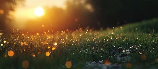 Aufkleber - Morning dew glistens on green grass blades under a warm sunrise creating a magical golden and soft orange sparkling scene at dawn.