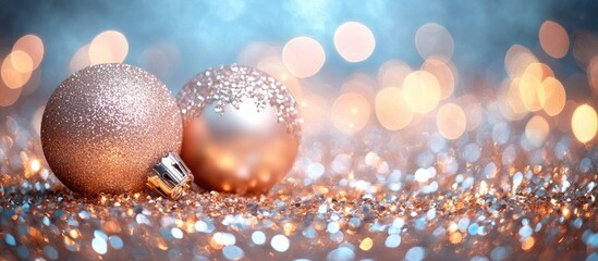 Poster - Shimmering rose gold Christmas ornaments on a sparkling surface with soft blue and warm golden bokeh in the background creating a festive ambiance