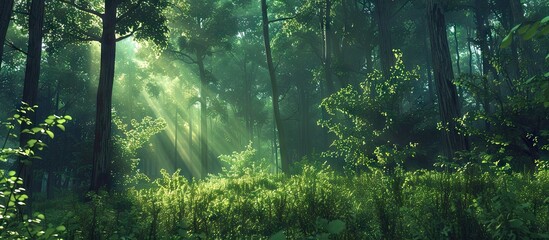 Aufkleber - Lush green forest with sunlight streaming through tall trees creating a tranquil atmosphere with vibrant foliage and ample copy space on the right