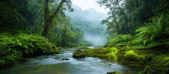 Aufkleber - Lush green tropical rainforest with misty atmosphere surrounding a serene river and rocks under a blue-gray sky with vibrant foliage in the foreground.