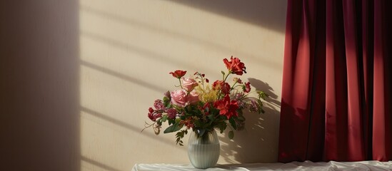 Poster - Vibrant flower vase with pink and red blooms on a white tablecloth, soft shadows cast by a maroon curtain in warm sunlight against a beige wall.