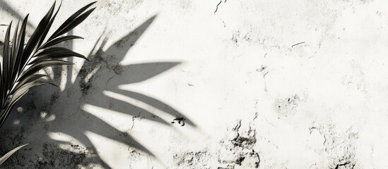 Poster - Shadows of palm leaves cast on a textured white cement wall with visible cracks and ample copy space on the right side of the image.
