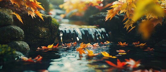 Poster - Colorful autumn foliage with bright yellow and red leaves surrounding a serene stream in a Japanese garden highlighting nature's seasonal beauty