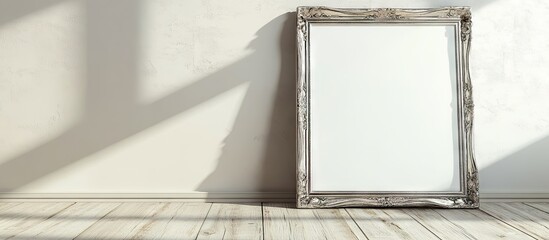 Leinwandbilder - Silver ornate picture frame leaning against a wall in a grunge interior with sunlight casting shadows on light wooden floor and empty space inside the frame