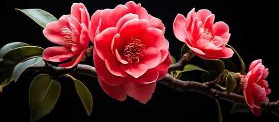 Aufkleber - Vibrant pink camellia flowers with abundant petals arranged on a dark background, ideal for copy space design, showcasing floral elegance and beauty.