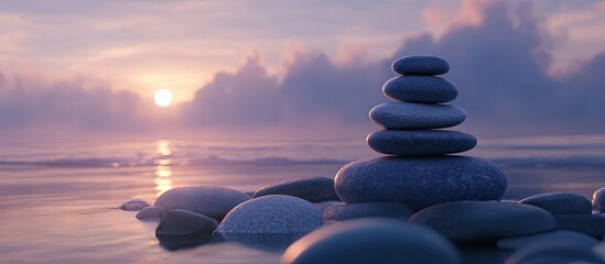 Poster - Balanced Zen stones stacked on smooth pebbles at the beach during sunset with warm orange and purple hues reflecting on the water.