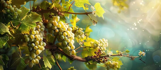 Fototapete - Blooming grapevine with green leaves and developing bunches illuminated by soft light against a blurred blue and green background with copy space