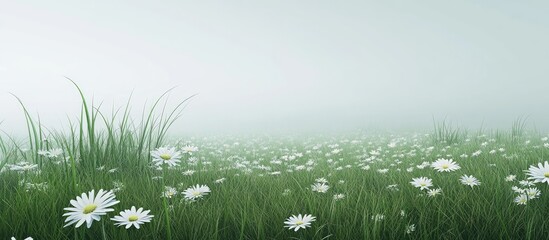 Poster - Serene green meadow filled with delicate white daisies under a soft misty atmosphere with ample negative space for text or content placement